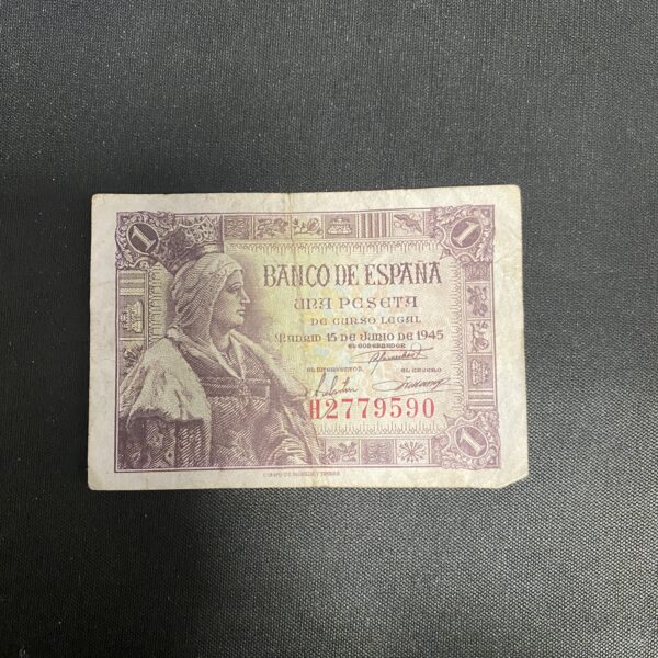 Billete de 1 peseta España 1945, Isabel la Católica, serie H2779590.