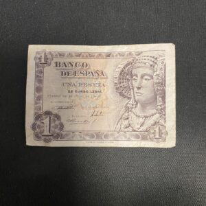 Billete de 1 peseta España 1948, serie B07200894, con imagen de la Dama de Elche.