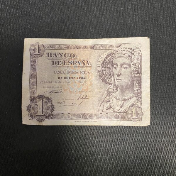Billete de 1 peseta España 1948, serie B07200894, con imagen de la Dama de Elche.